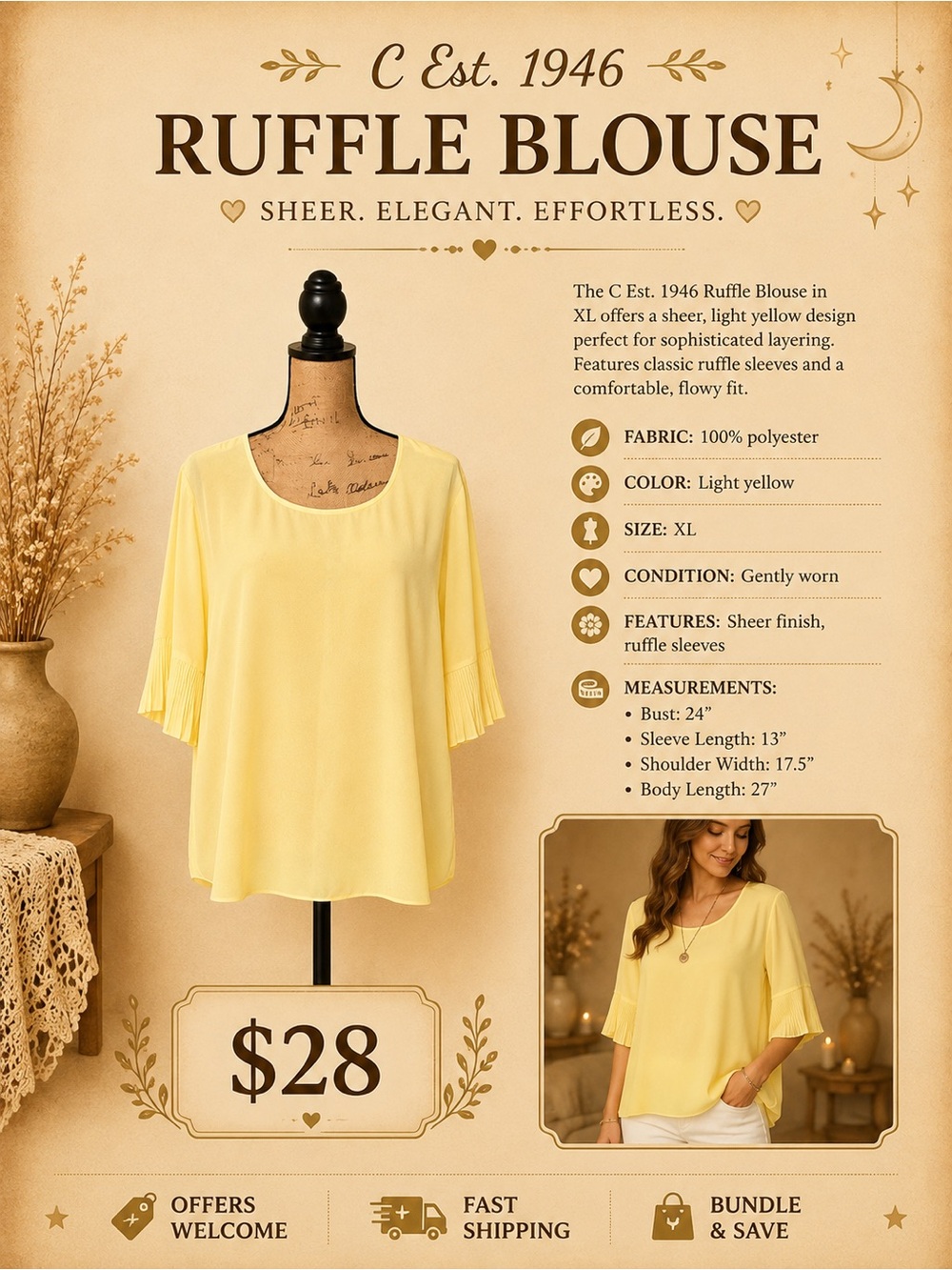 C Est. 1946 Ruffle Sheer Blouse XL Light Yellow